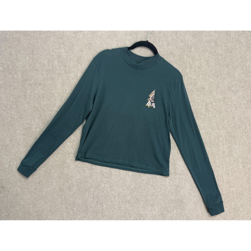Volcom Shirt Womens Small Teal Long Sleeve Butterfly Floral Graphic Pullover Top